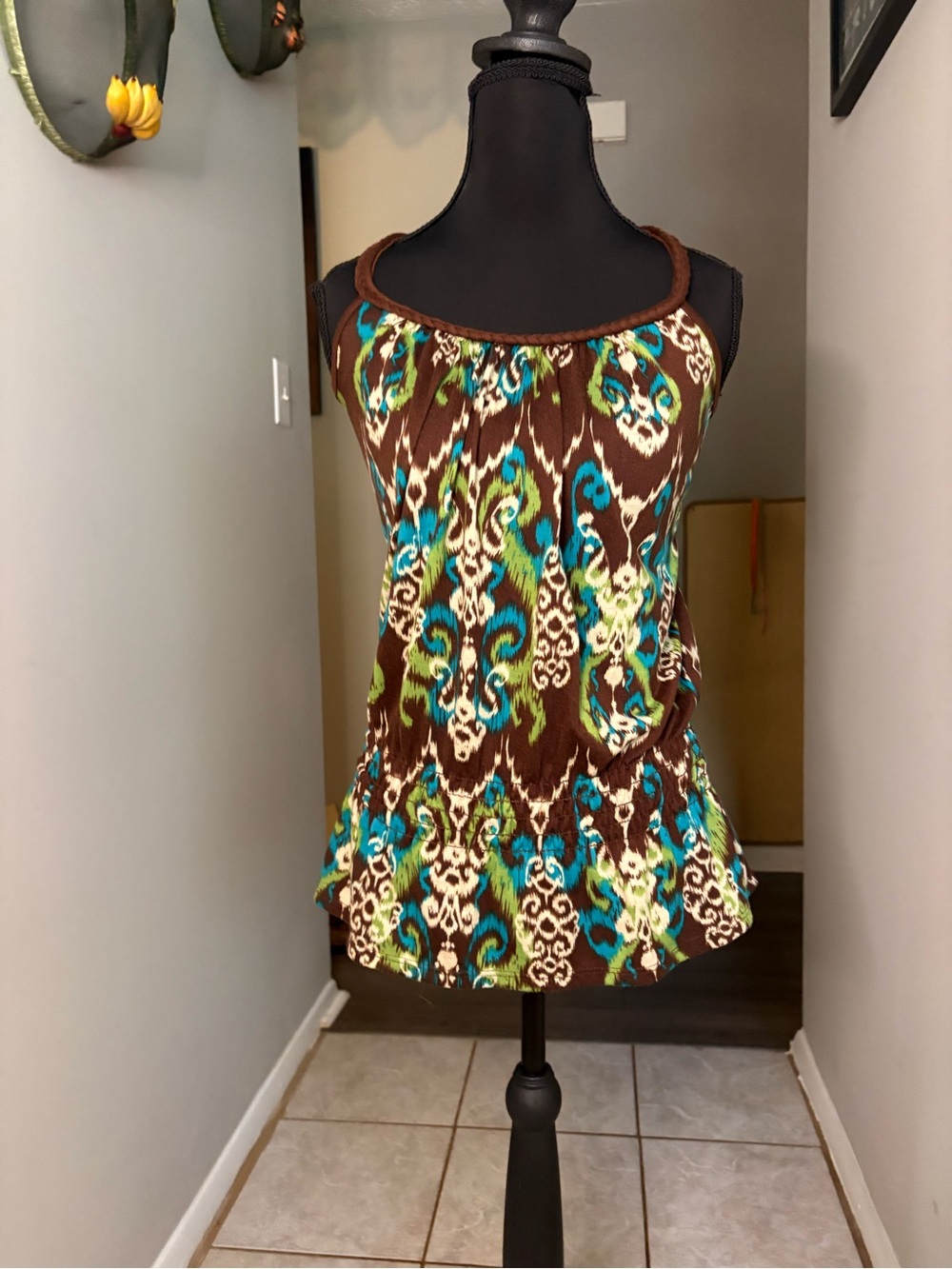Xhilaration Brown Tank Top with Teal & Lime Ikat Print